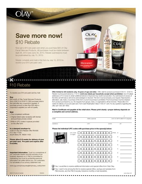 00 worth of Olay Skin Care products and save $10. . Olay rebates